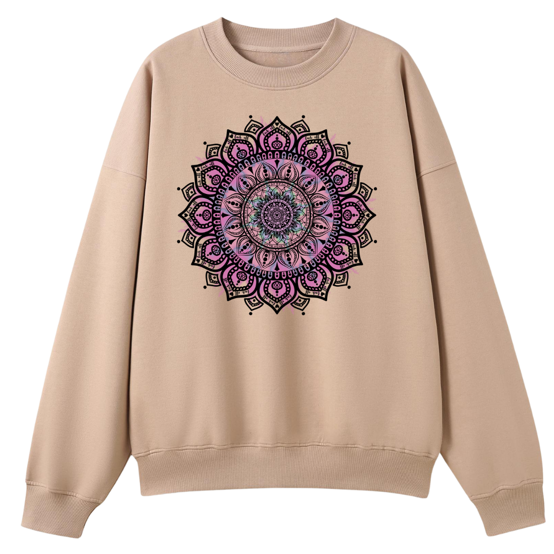 A beige crewneck sweatshirt with a large, colorful mandala graphic printed on the chest, displayed against a solid white background.