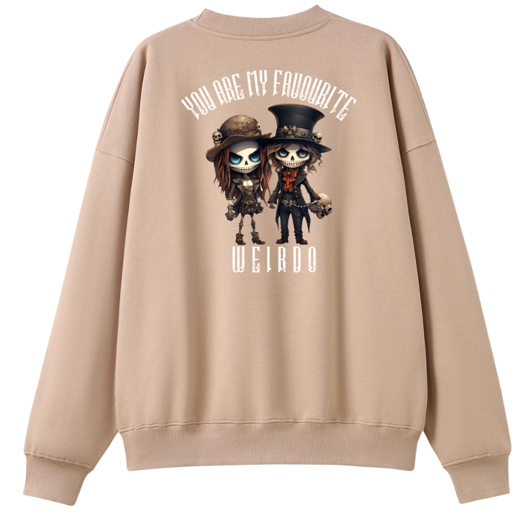 A beige crewneck sweatshirt shown from the back, featuring a graphic print of two cartoon skeleton characters in Victorian-style clothing with the text 'YOU ARE MY FAVOURITE WEIRDO'.