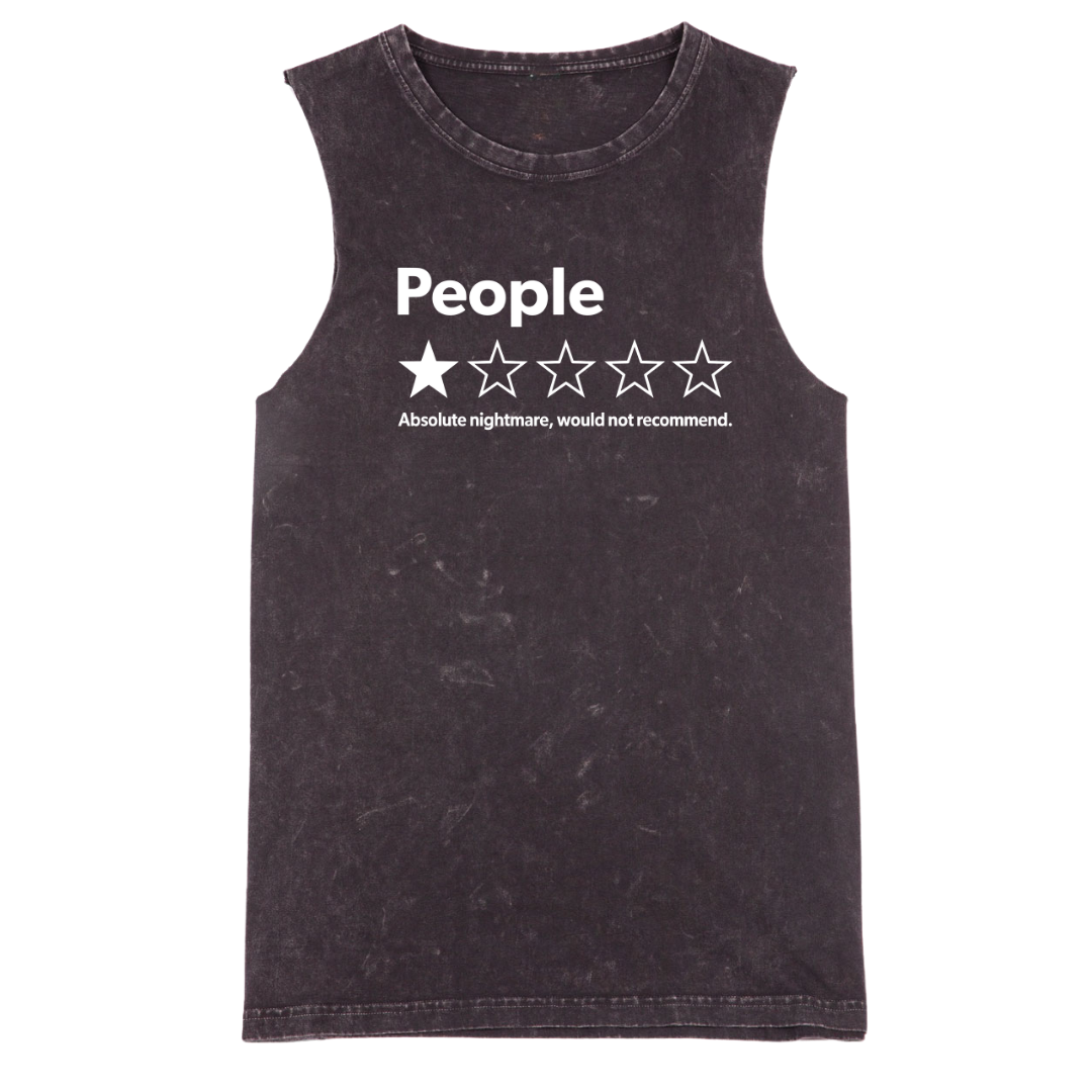 A sleeveless black tank top with a white graphic print on the chest reading 'People' above a one-star rating and the phrase 'Absolute nightmare, would not recommend.' on a plain white background.