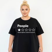 A plus-size blonde woman wearing a black t-shirt with a white graphic that reads 'People' and a one-star review design, set against a plain white background.