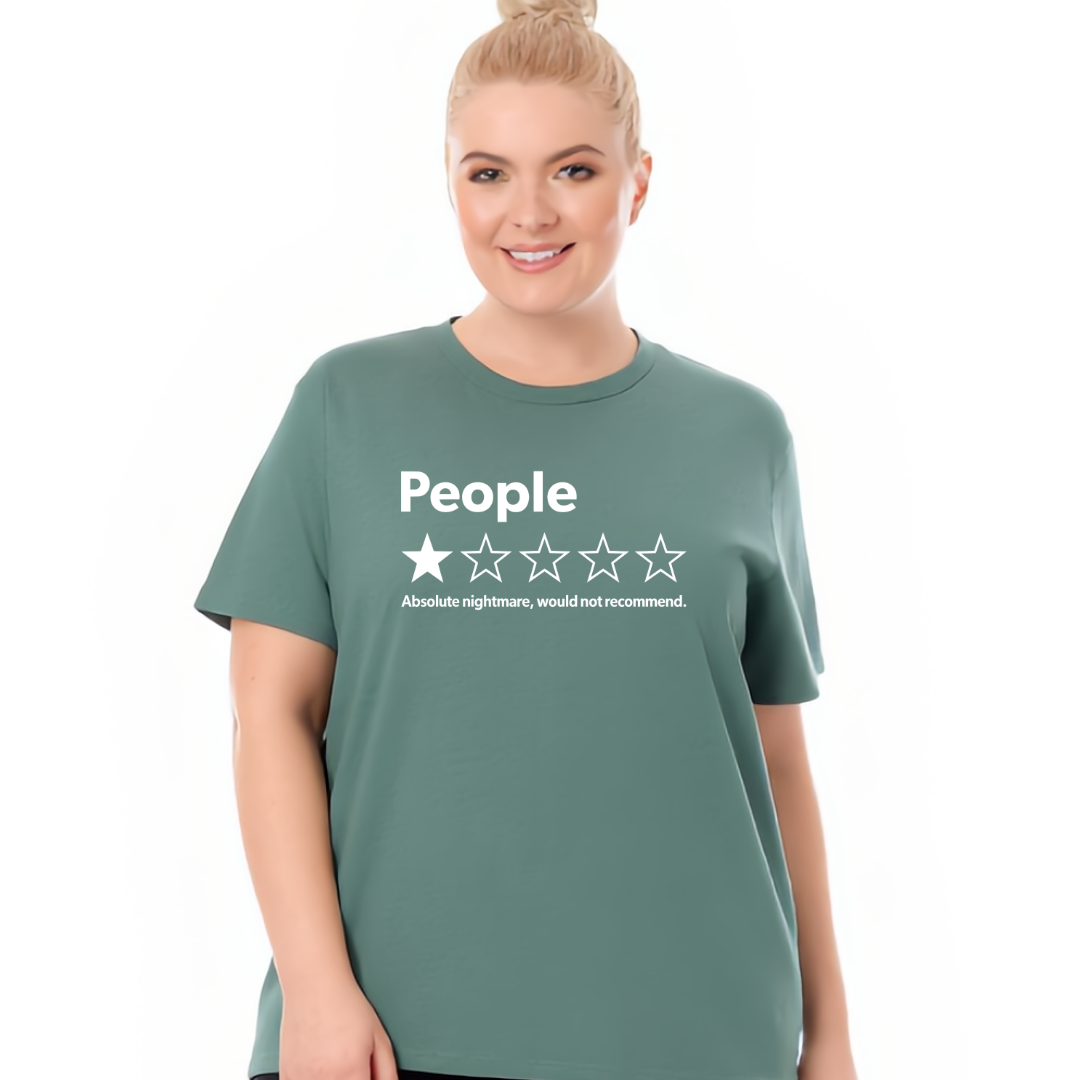 A woman wearing a sage green t-shirt with a white graphic that reads 'People' and a one-star rating, on a solid white background.