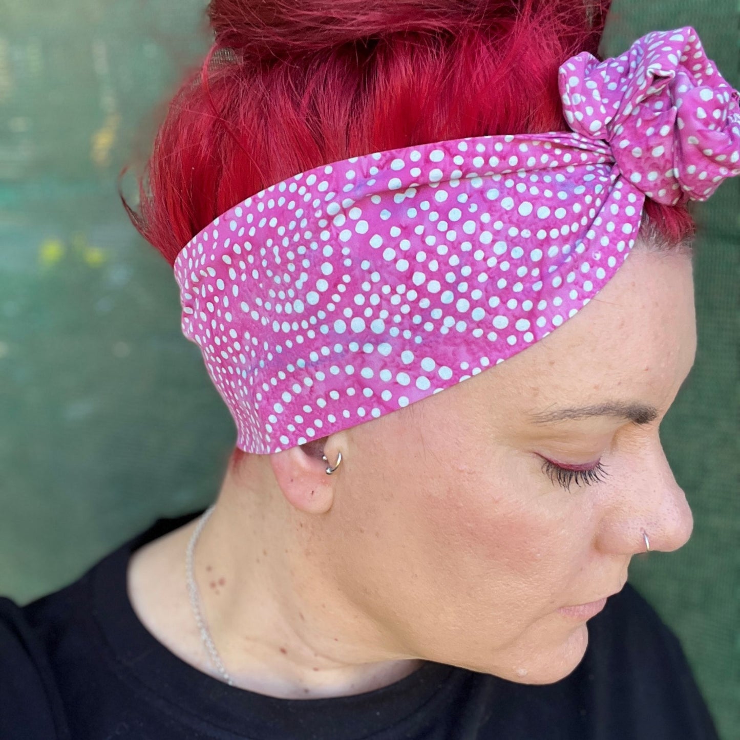 Pink tie dye polka dot wire headband Unleash your boho spirit with our exclusive range of hair accessories, made in Melbourne for the modern woman. Discover unique, handcrafted pieces that blend artisanal quality with Boho style. Shop now and find the perfect accessory to express your individuality, straight from Australia.