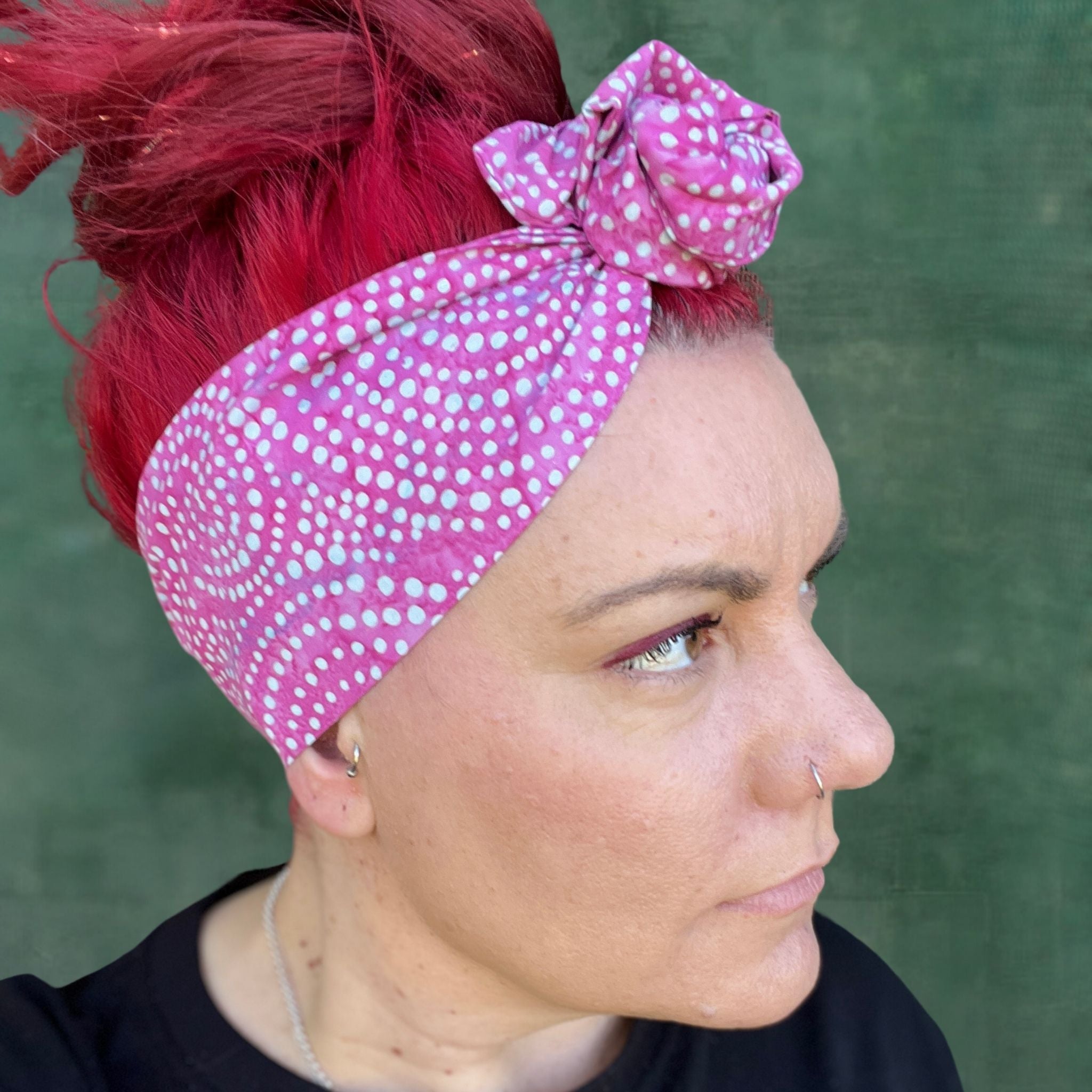 Pink tie dye polka dot wire headband Unleash your boho spirit with our exclusive range of hair accessories, made in Melbourne for the modern woman. Discover unique, handcrafted pieces that blend artisanal quality with Boho style. Shop now and find the perfect accessory to express your individuality, straight from Australia.