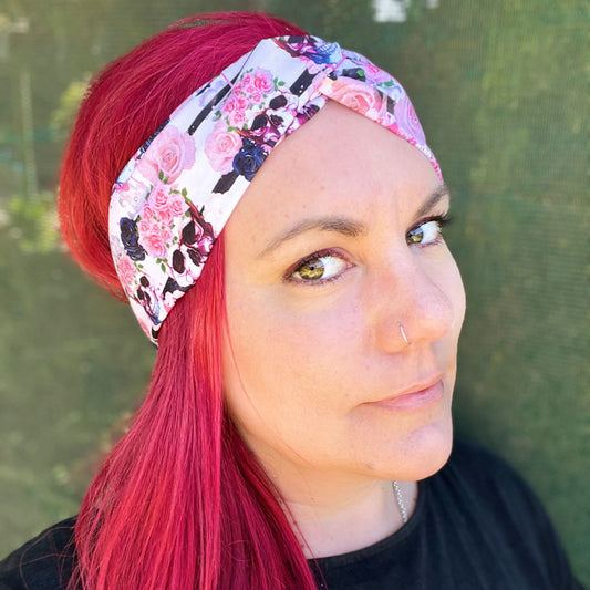 Pink & Navy Floral Skull Twist Headband with Elastic