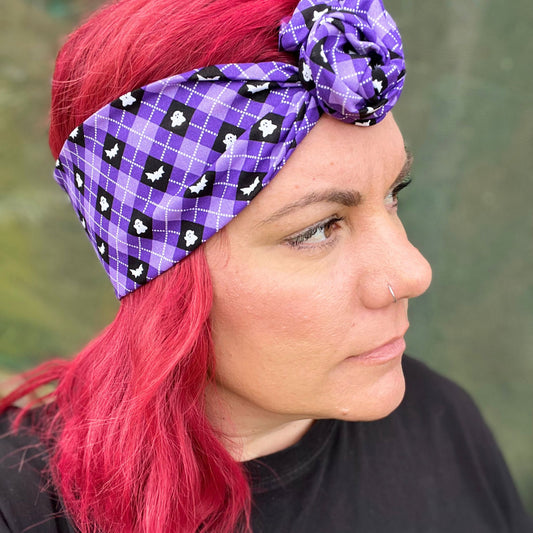 Purple Gingham Halloween Bats and Ghosts Wire Head Wrap