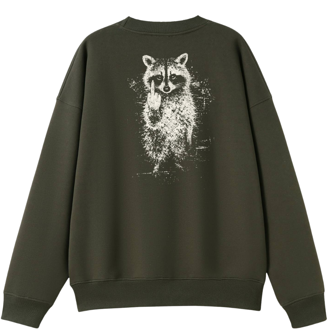 An oversized crewneck sweatshirt in dark olive green, featuring a large white distressed graphic of a raccoon on the back.