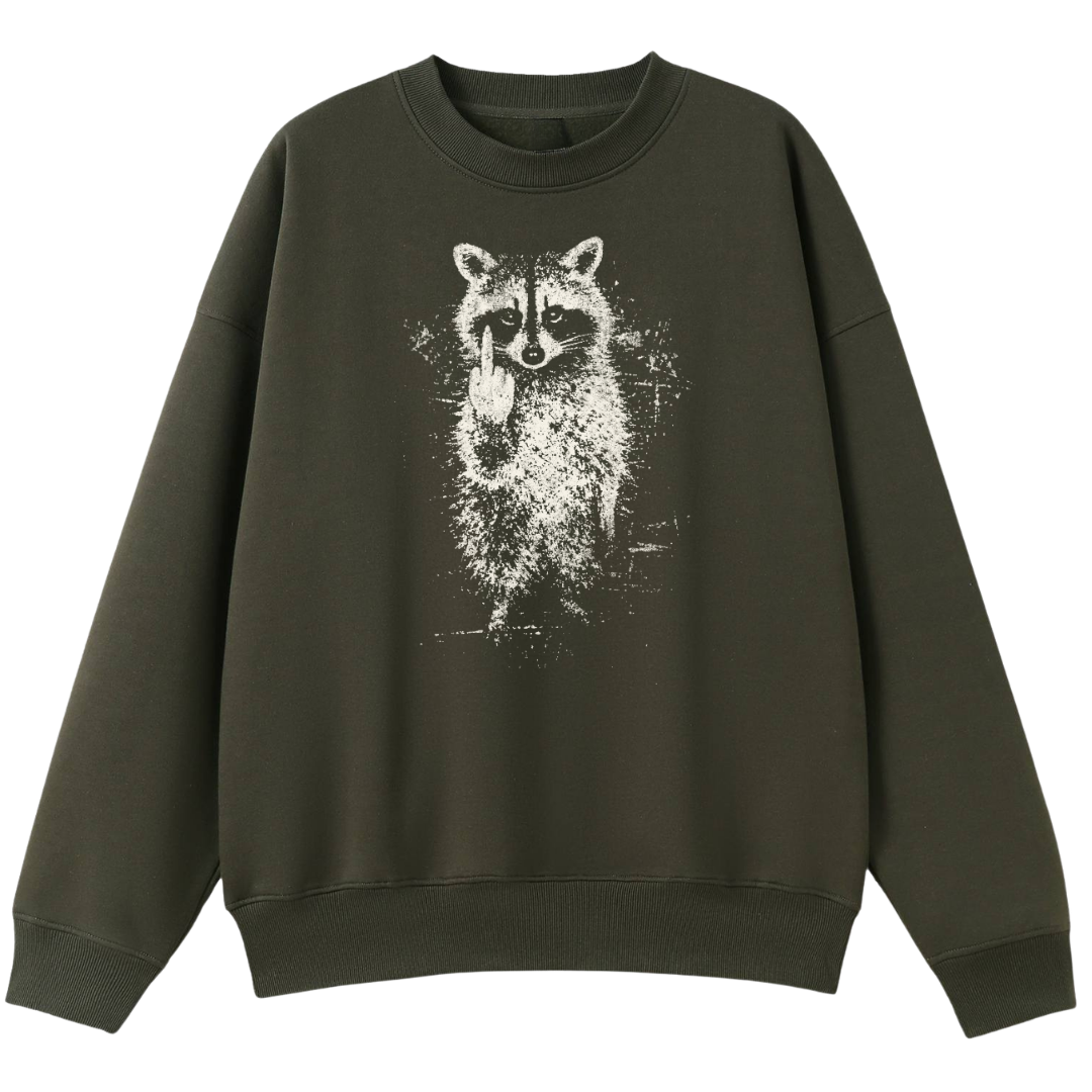 An oversized crewneck sweatshirt in dark olive green, featuring a distressed white graphic print of a raccoon on the front chest.