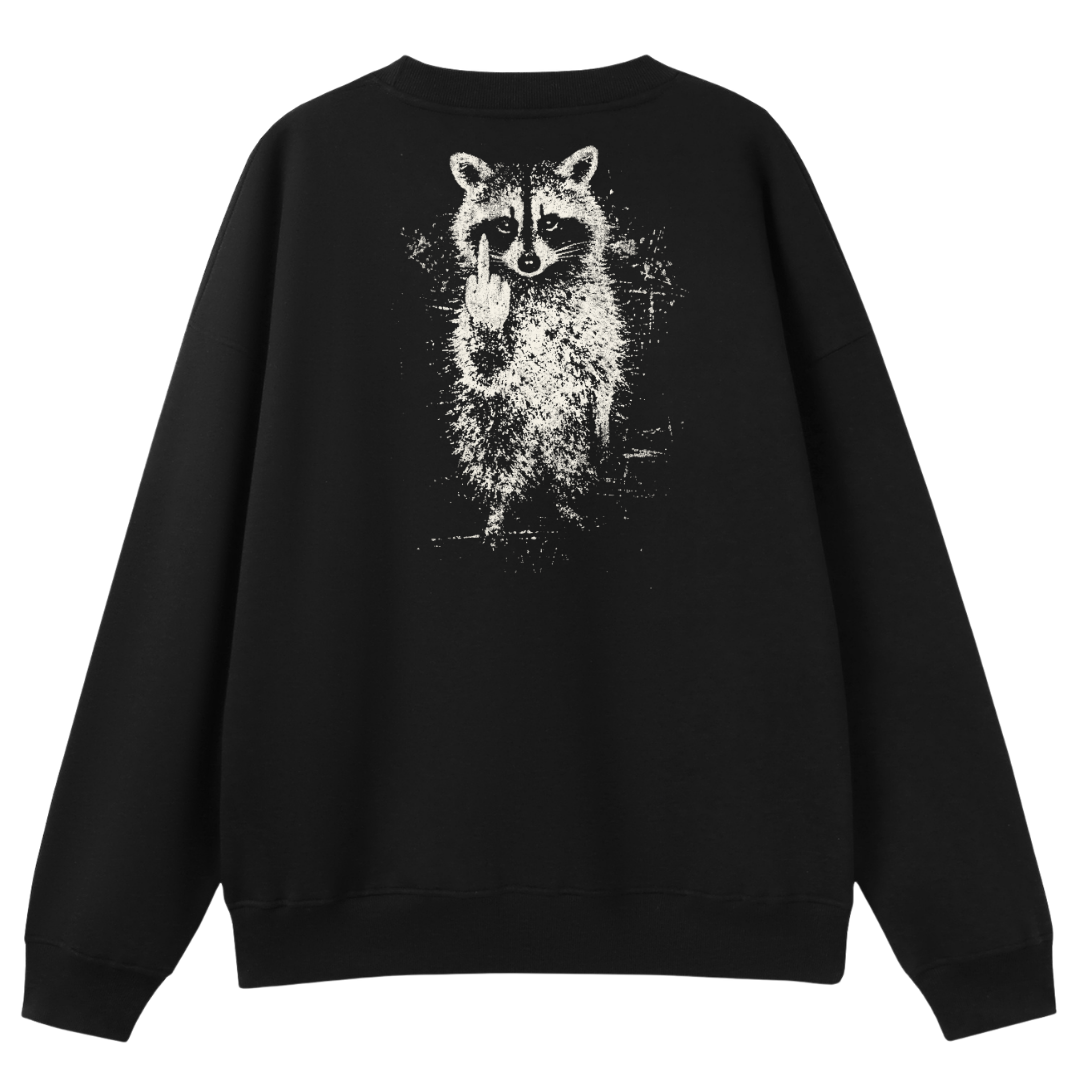 A black crewneck sweatshirt shown from the back, featuring a large white distressed graphic of a raccoon on the center back.