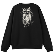 A black crewneck sweatshirt shown from the back, featuring a large white distressed graphic of a raccoon on the center back.