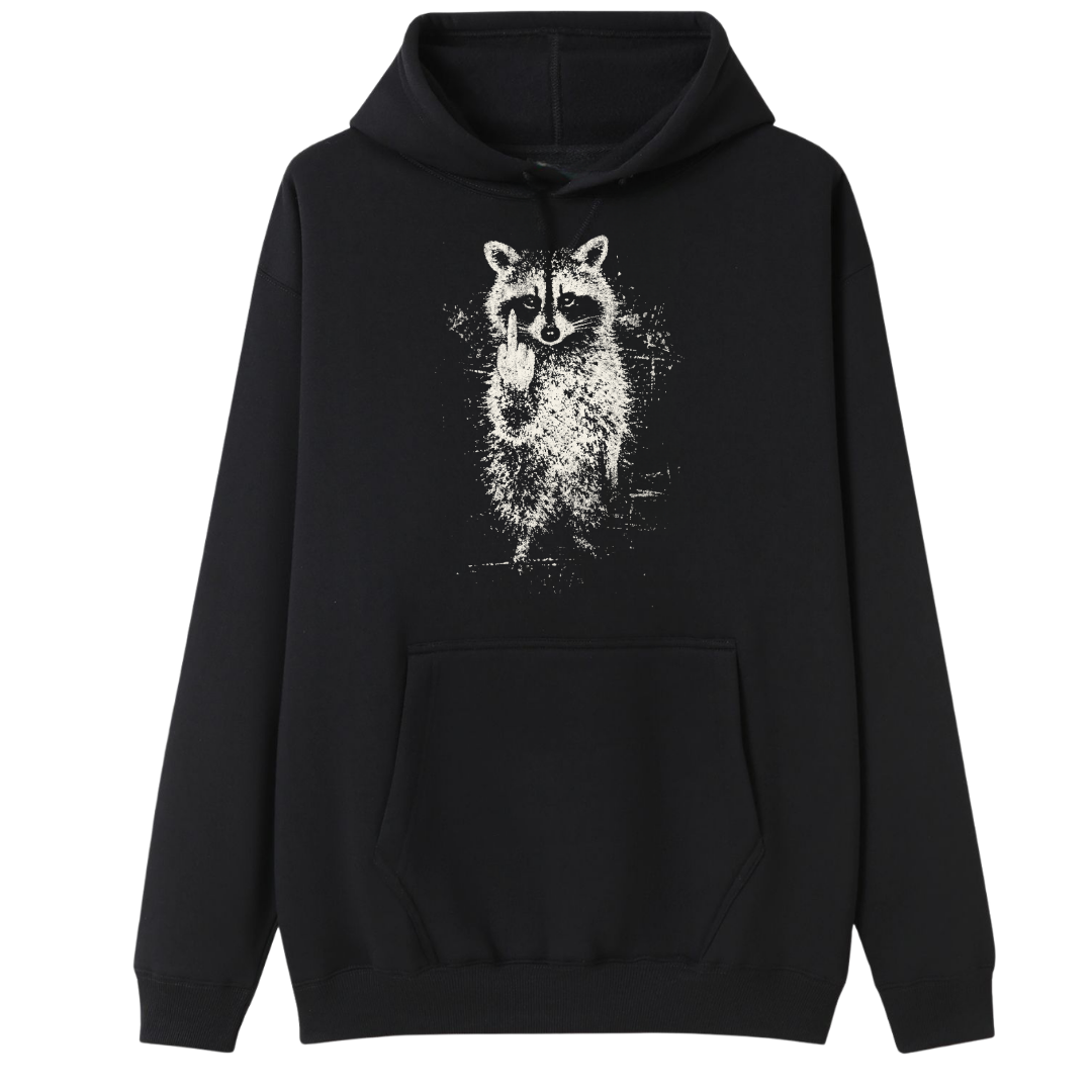 A black pullover hoodie with a white distressed raccoon graphic printed on the chest, displayed against a solid white background.