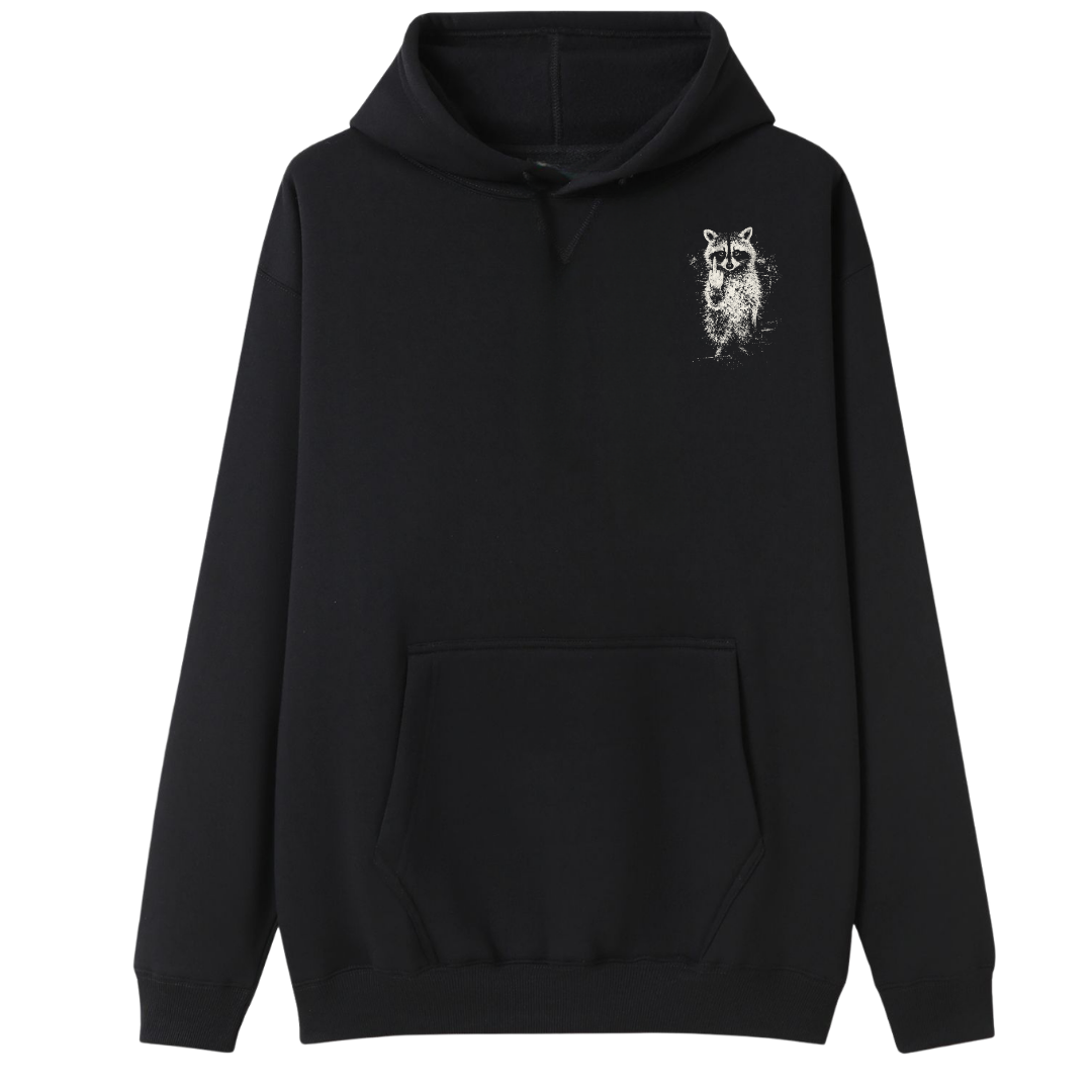 A black pullover hoodie with a white circular chest graphic on the left side, featuring a hand symbol inside a circle with the text 'DEADLY HEARD' and 'DEADLY HEARD STUDIOS'. The hoodie has a front kangaroo pocket and is shown against a plain white background.