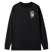 A black long-sleeve crewneck t-shirt featuring a small white sketch-style graphic of a raccoon on the left chest, displayed against a solid white background.