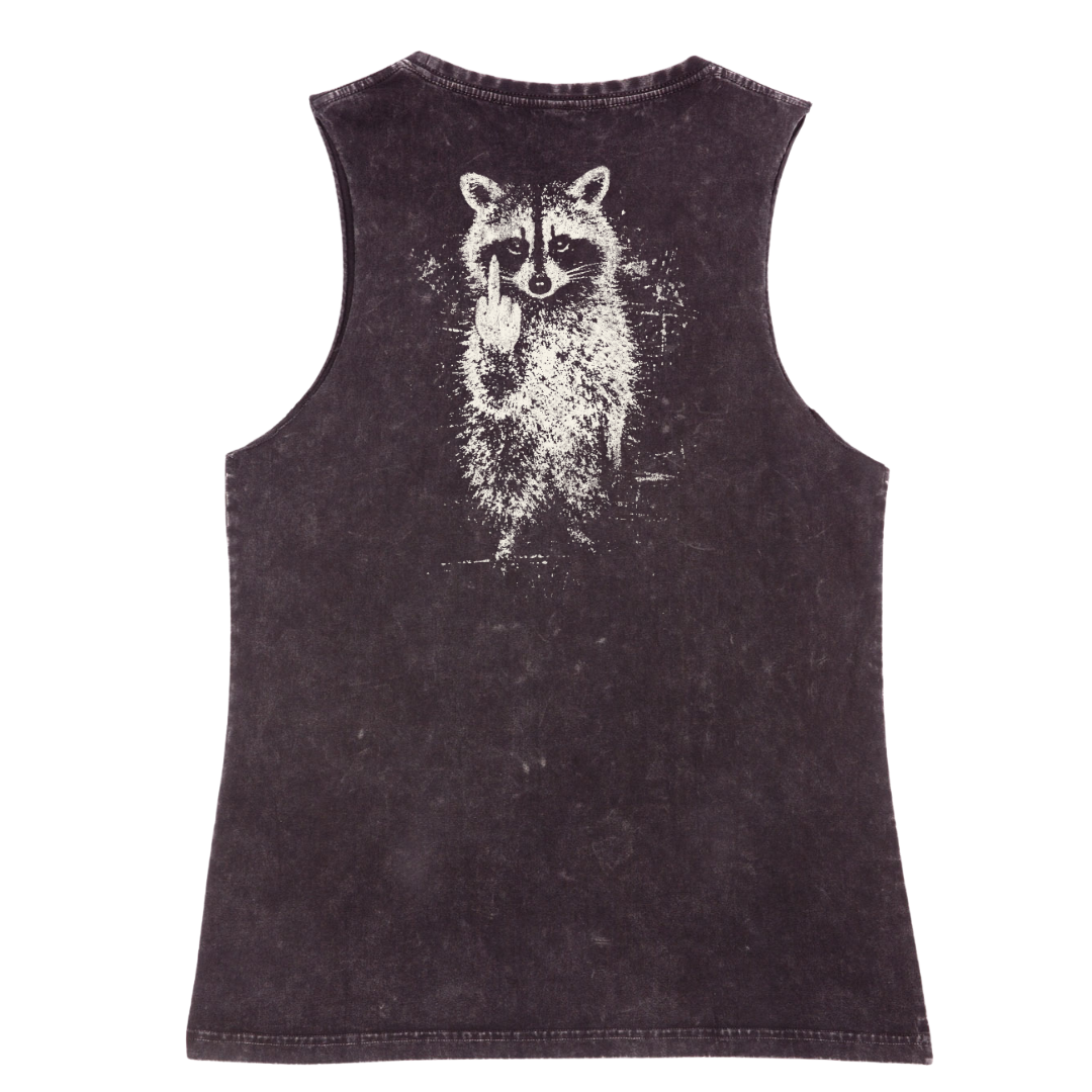 A sleeveless black tank top with a distressed white graphic of a raccoon on the back, shown against a plain white background.