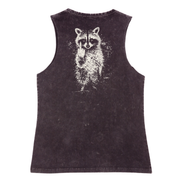 A sleeveless black tank top with a distressed white graphic of a raccoon on the back, shown against a plain white background.