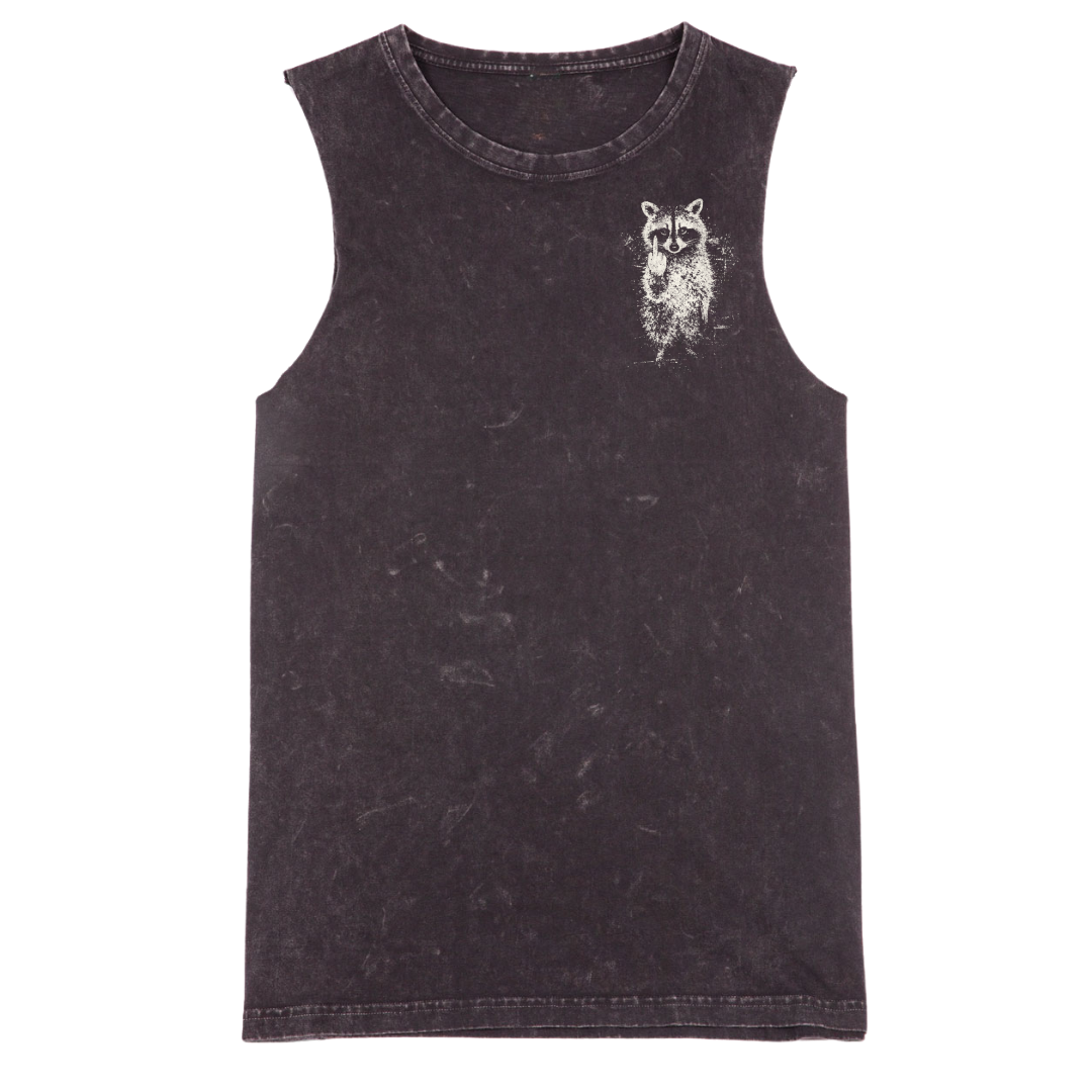 A sleeveless black tank top with a mineral wash finish, featuring a small white raccoon graphic on the left chest, displayed against a solid white background.
