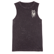 A sleeveless black tank top with a mineral wash finish, featuring a small white raccoon graphic on the left chest, displayed against a solid white background.