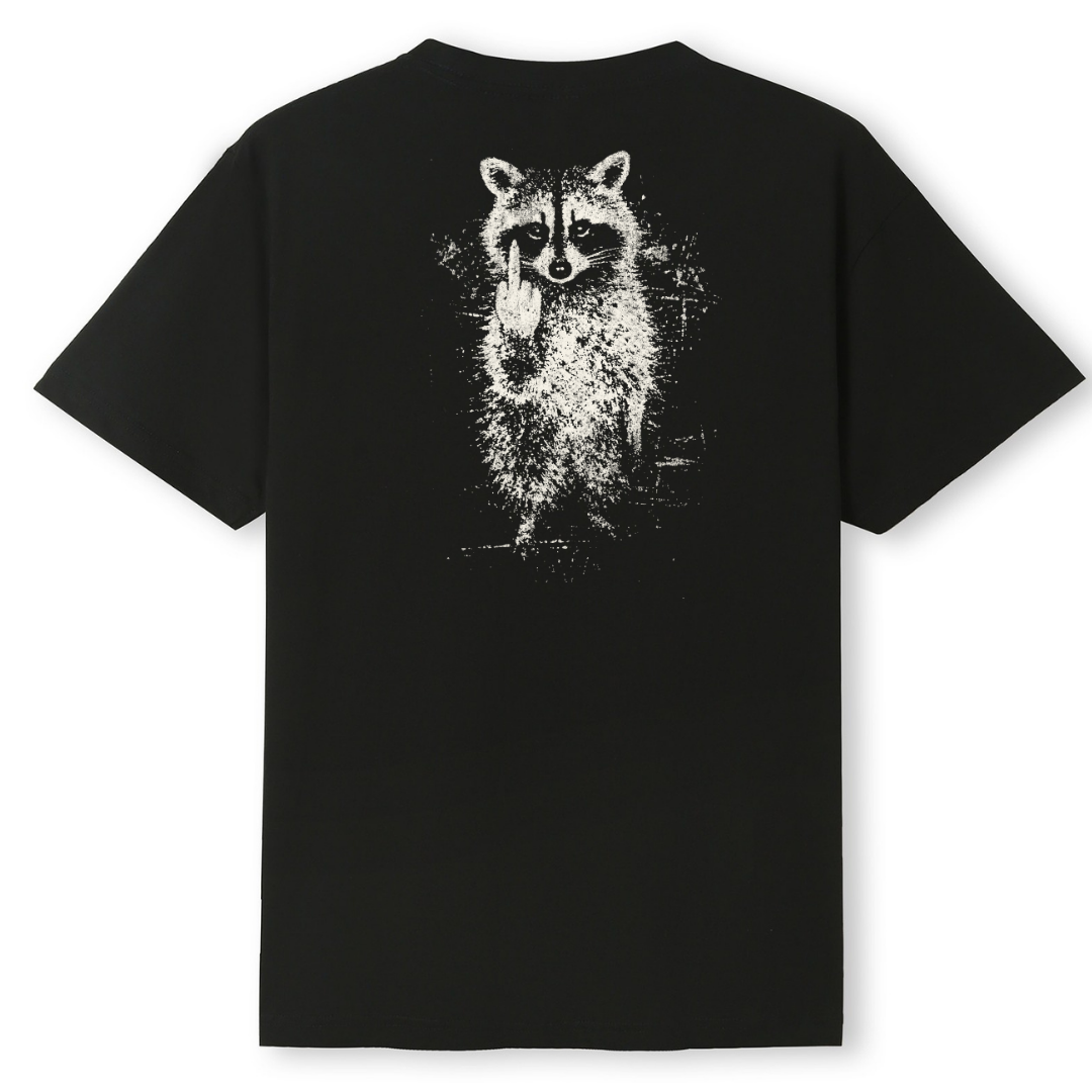 A black short-sleeve t-shirt with a large white distressed graphic of a raccoon on the back, shown against a plain white background.