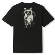 A black short-sleeve t-shirt with a large white distressed graphic of a raccoon on the back, shown against a plain white background.