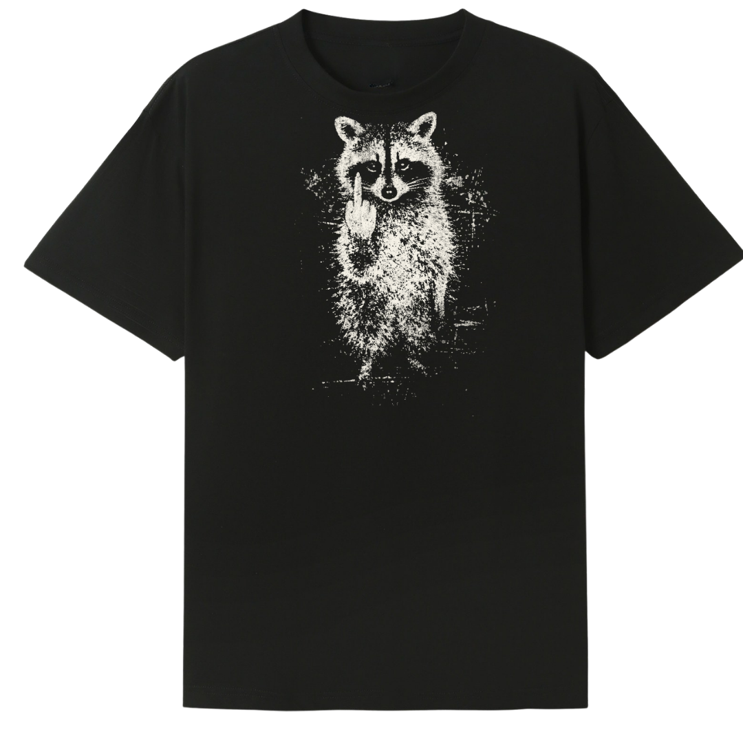 A black short-sleeve crewneck t-shirt featuring a distressed white graphic print of a raccoon on the front, displayed against a solid white background.