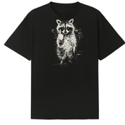 A black short-sleeve crewneck t-shirt featuring a distressed white graphic print of a raccoon on the front, displayed against a solid white background.