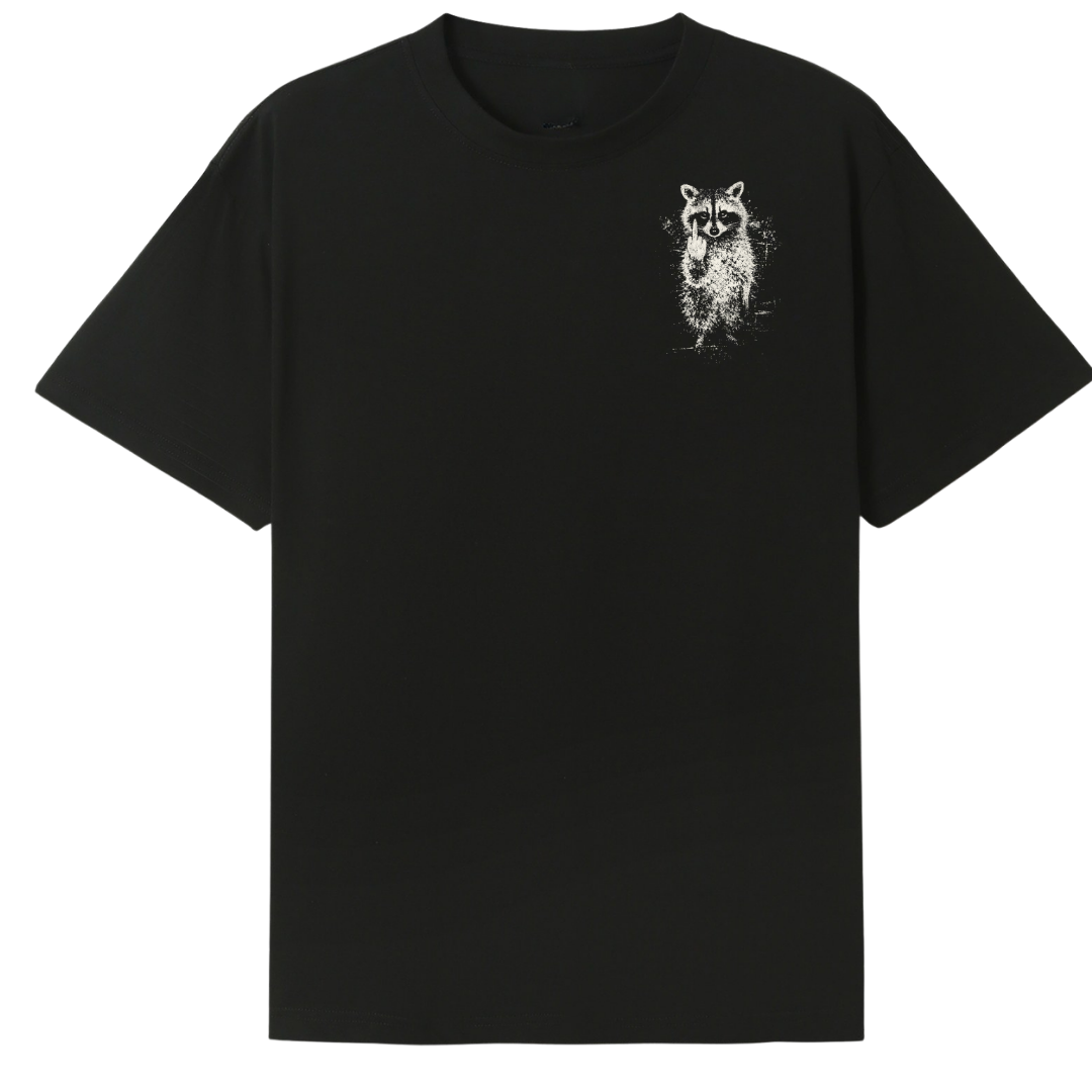 A black short-sleeve crewneck t-shirt featuring a small white sketch-style graphic of a raccoon on the left chest, displayed against a solid white background.