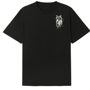 A black short-sleeve crewneck t-shirt featuring a small white sketch-style graphic of a raccoon on the left chest, displayed against a solid white background.