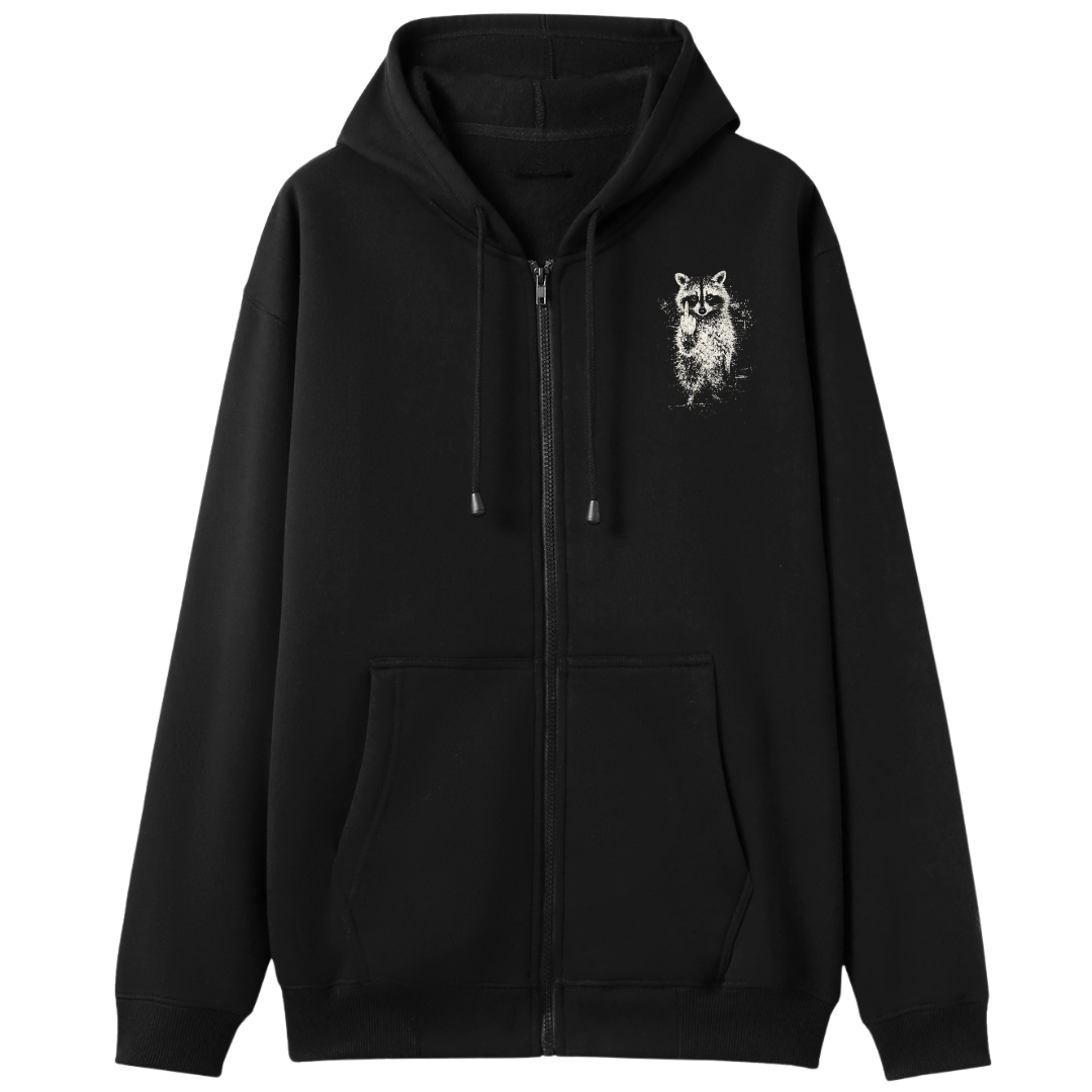 A black zip-up hoodie with a white graphic print on the left chest that reads 'OUT OF SPITE' with a small tree illustration, shown against a plain white background.