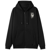 A black zip-up hoodie with a white graphic print on the left chest that reads 'OUT OF SPITE' with a small tree illustration, shown against a plain white background.