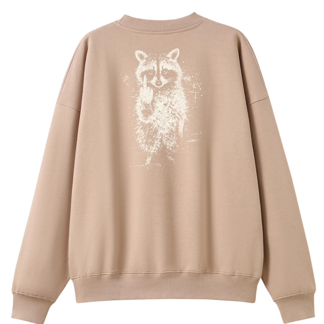 A beige crewneck sweatshirt shown from the back, featuring a distressed white graphic of a raccoon on the upper back.