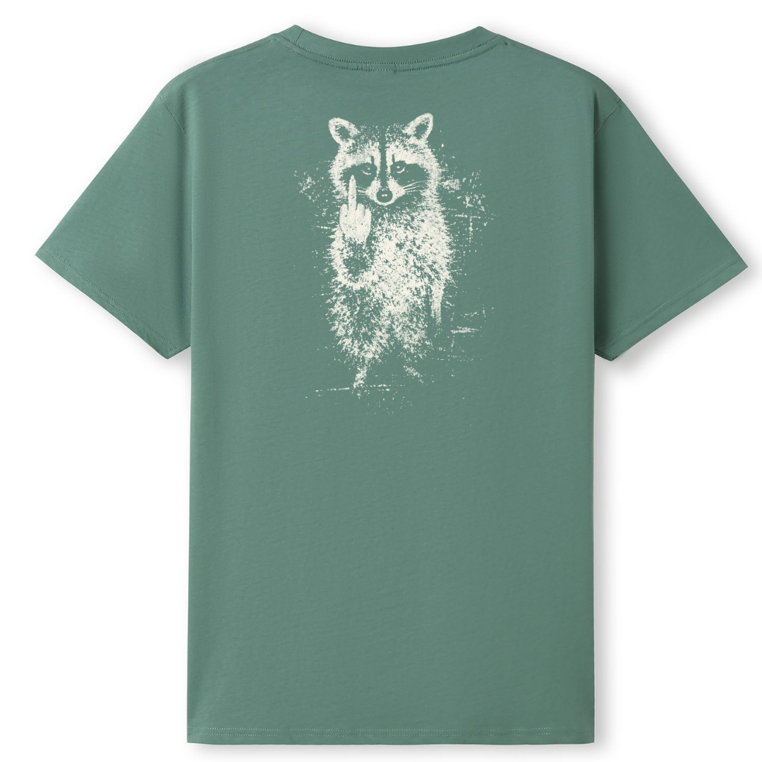 A sage green short-sleeve t-shirt with a distressed white graphic of a raccoon on the back, displayed against a clean white background.