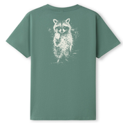 A sage green short-sleeve t-shirt with a distressed white graphic of a raccoon on the back, displayed against a clean white background.