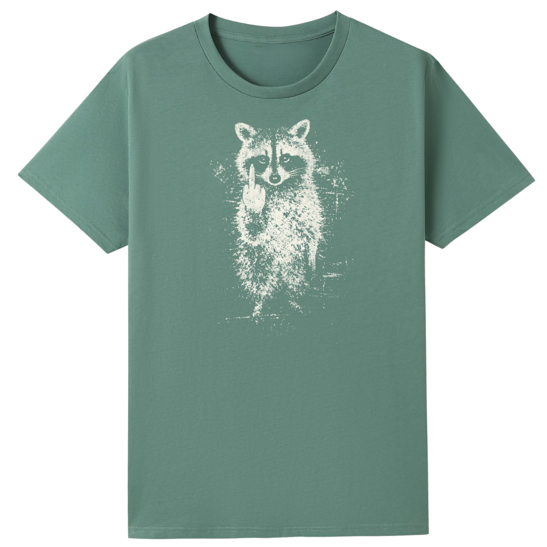 A sage green short-sleeve crewneck t-shirt featuring a distressed white graphic of a raccoon holding a small object in its paws, displayed on a solid white background.