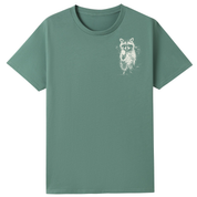 A sage green short-sleeve crewneck t-shirt featuring a distressed white graphic of a raccoon on the left chest, displayed on a solid white background.