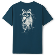 A dark teal blue short-sleeve t-shirt with a distressed white graphic of a raccoon on the back, shown against a plain white background.