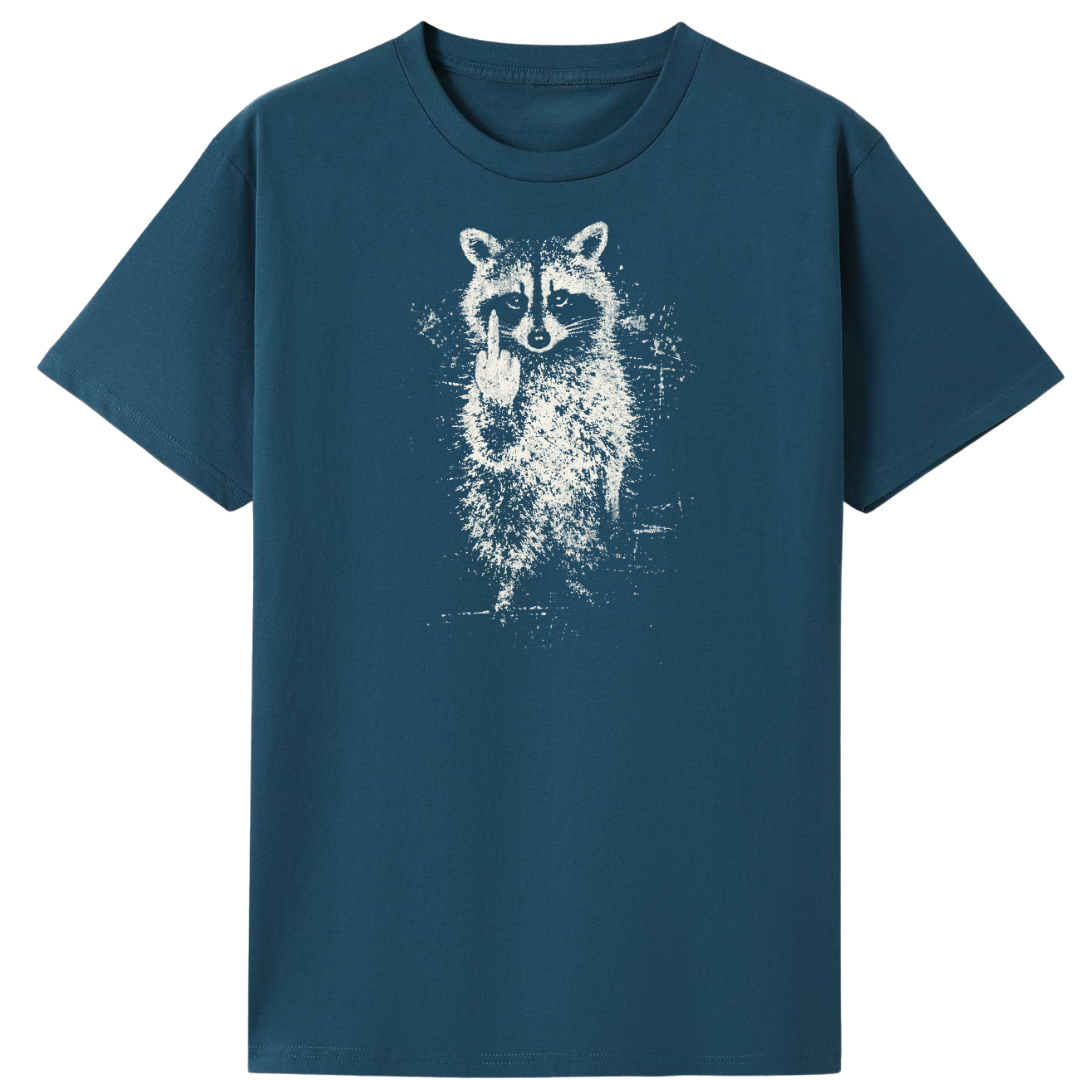 A dark teal blue short-sleeve t-shirt with a white distressed graphic of a raccoon on the front, displayed against a solid white background.