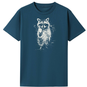 A dark teal blue short-sleeve t-shirt with a white distressed graphic of a raccoon on the front, displayed against a solid white background.