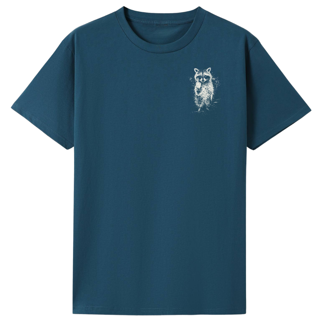 A dark teal blue short-sleeve crewneck t-shirt featuring a small white distressed raccoon graphic on the left chest, displayed on a solid white background.