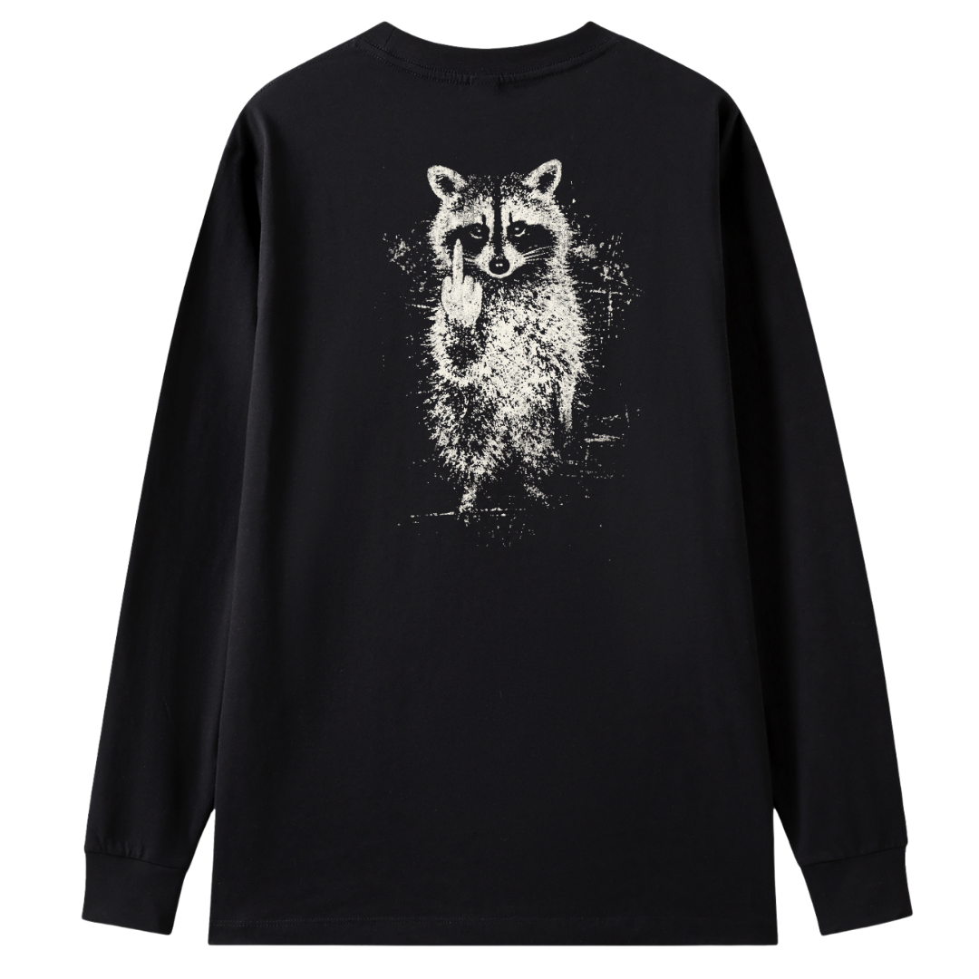 A black long-sleeve t-shirt with a white distressed graphic of a raccoon on the back, displayed against a solid white background.