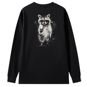 A black long-sleeve t-shirt with a white distressed graphic of a raccoon on the back, displayed against a solid white background.