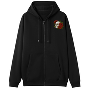 A black zip-up hoodie with a drawstring hood and kangaroo pockets, featuring a graphic print of a white skull surrounded by red roses on the left chest.