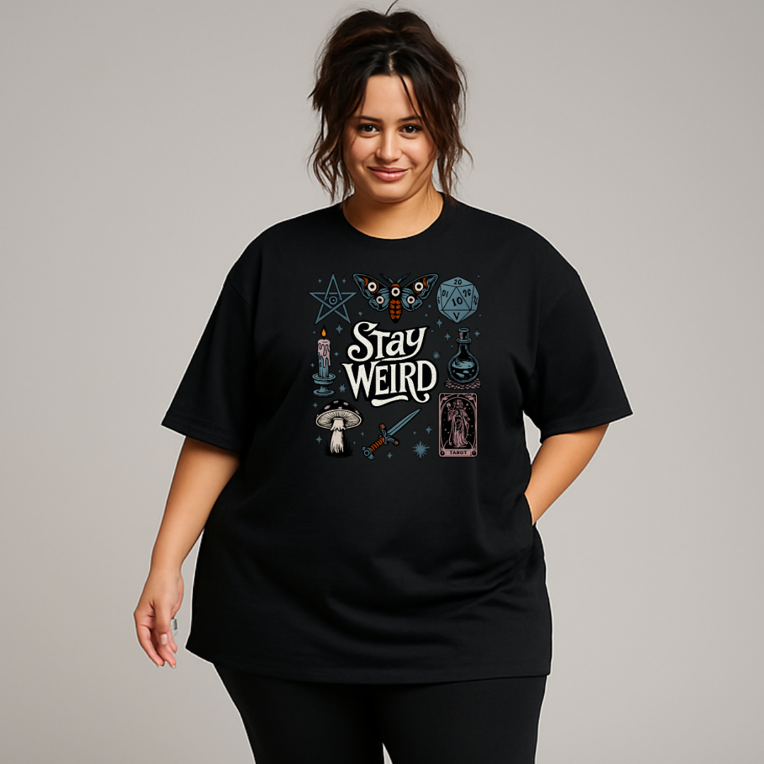 Woman wearing black oversized graphic tee with Stay Weird witchy illustration back print, plus size Australian streetwear by Bae Bands