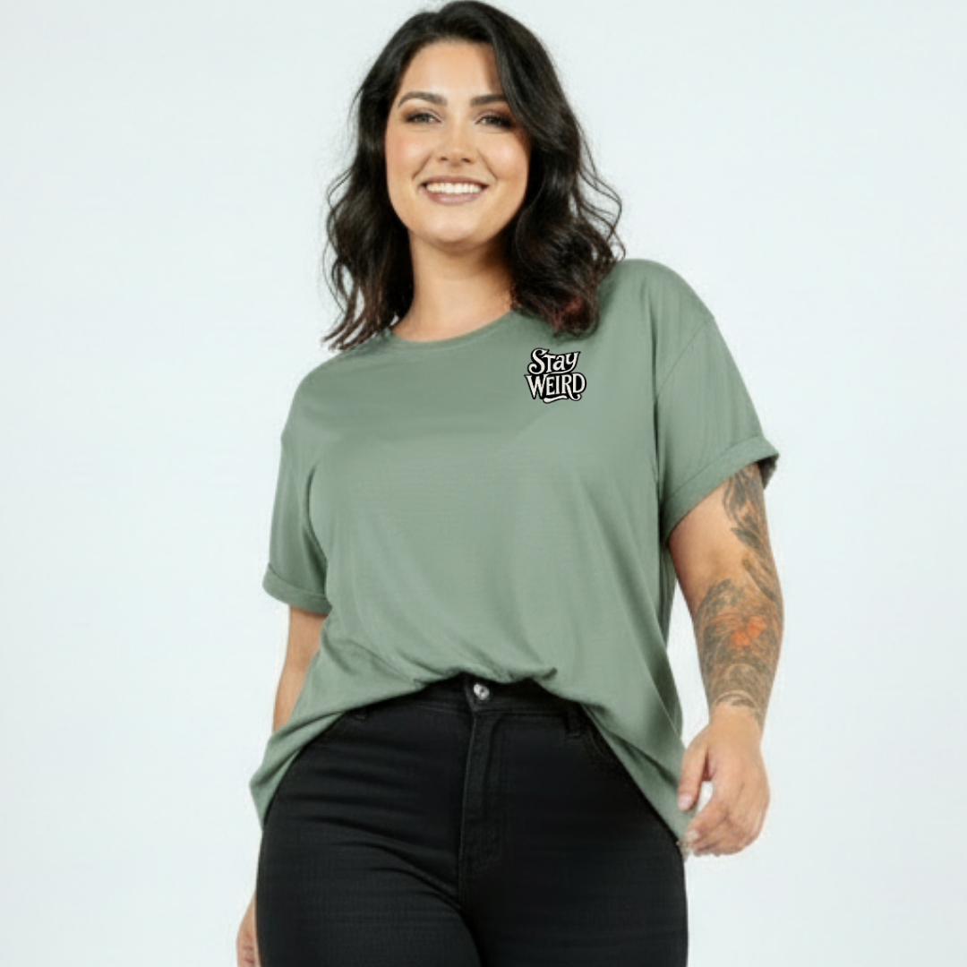 Front view of slate green Stay Weird oversized tee showing full witchy illustrated grid with moth, mushrooms, tarot card and candle DTF print, Bae Bands Australia