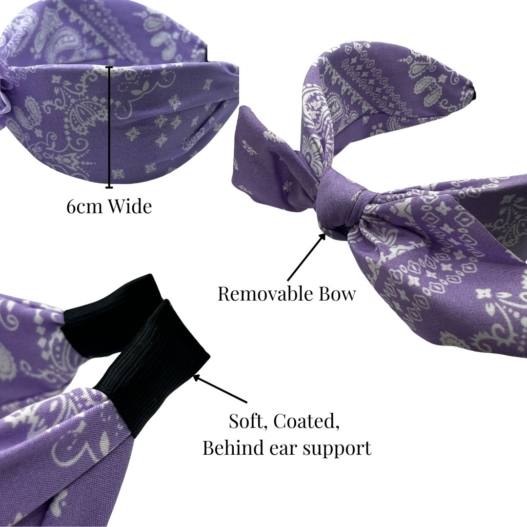 Black Paisley Print Headband with removable Bow