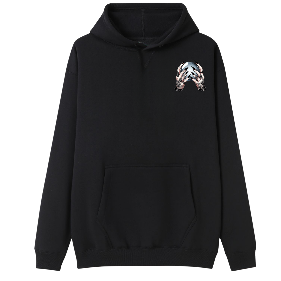Black Hoodie with Crystal ball and tattooed hands 