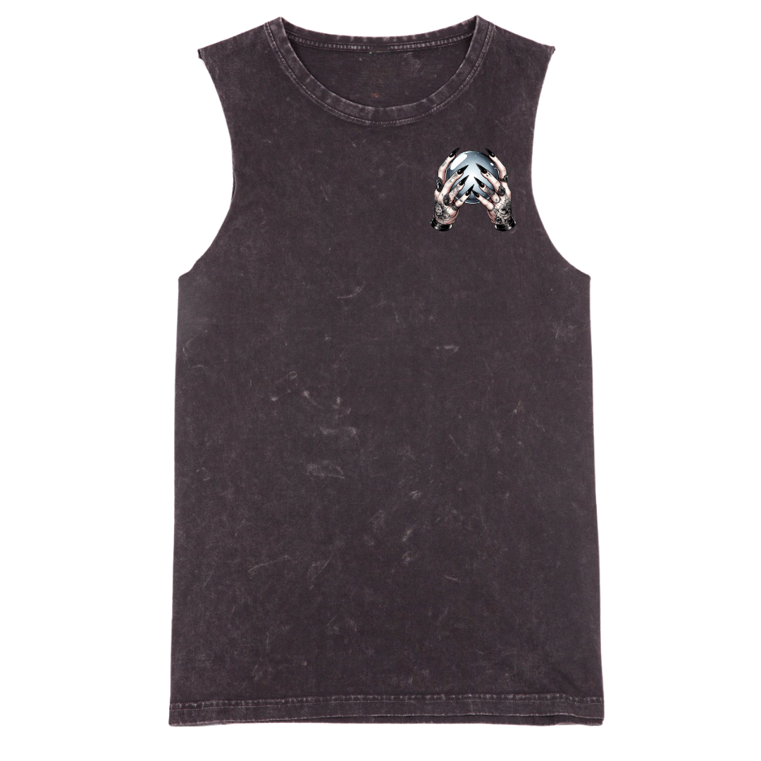 A sleeveless tank top in a washed black or charcoal color, featuring a small graphic print on the left chest of a skull wearing a bandana with a peace sign.
