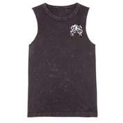 A sleeveless tank top in a washed black or charcoal color, featuring a small graphic print on the left chest of a skull wearing a bandana with a peace sign.