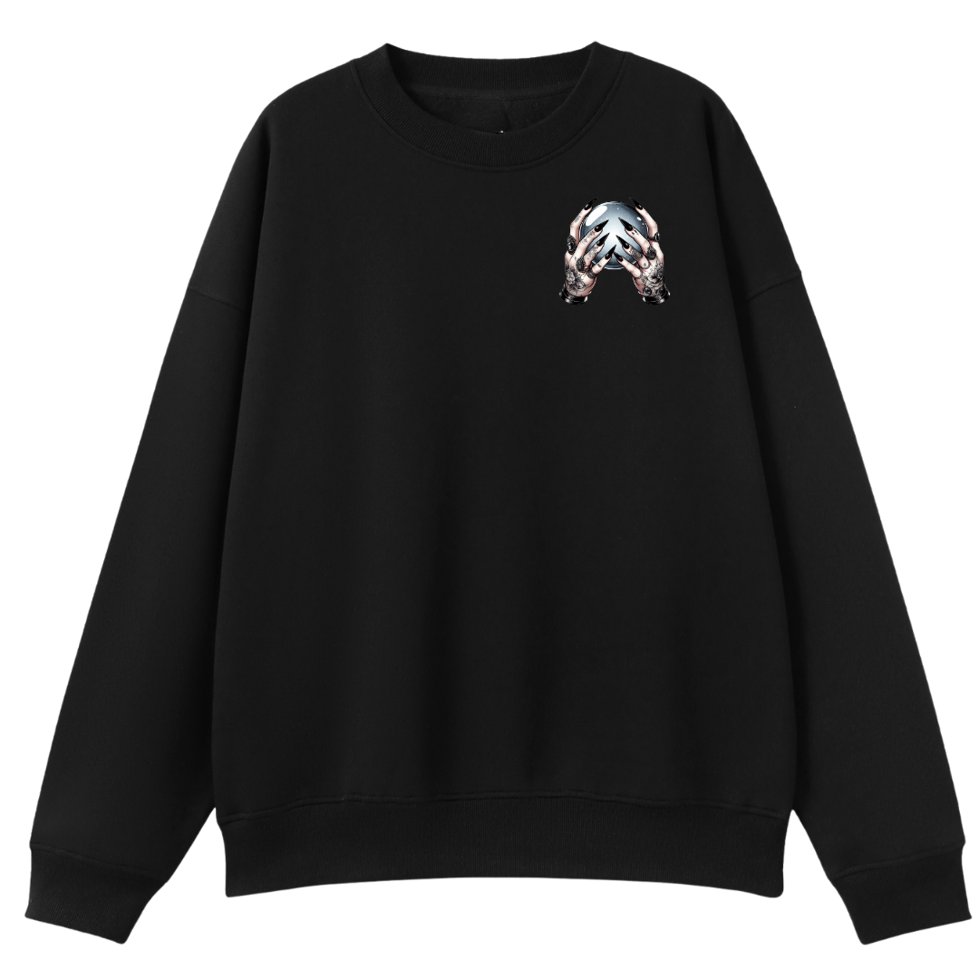 Black sweatshirt with a white logo on a white background