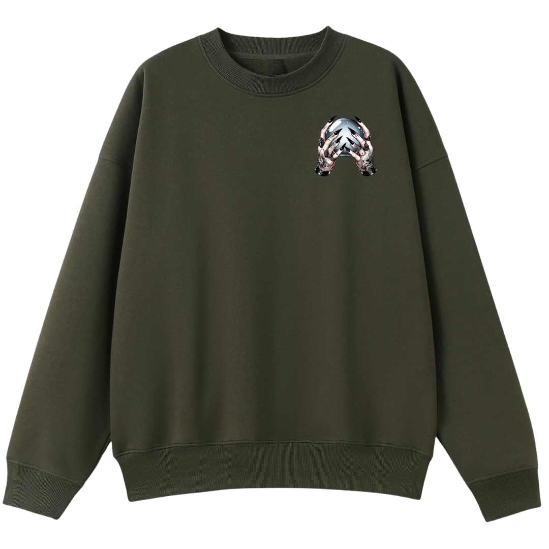 Green sweatshirt with a small white logo on the chest against a white background