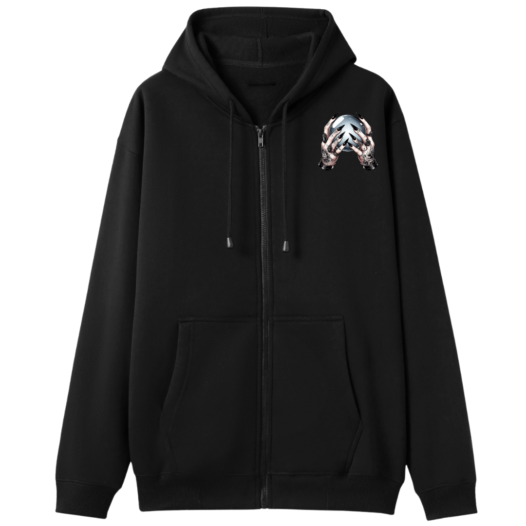 A black zip-up hoodie with a small multicolor graphic on the left chest, displayed against a solid white background.