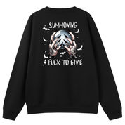 A black crewneck sweatshirt shown from the back, featuring a graphic print of hands holding a skull with bat silhouettes and the text 'SUMMONING A FUCK TO GIVE' in white.